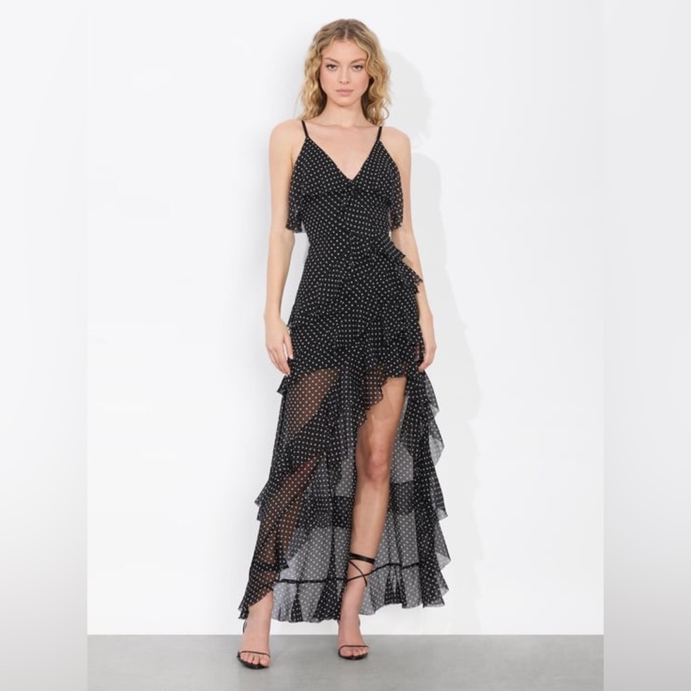 Black Polka Dot High-Low Ruffle Maxi Dress
